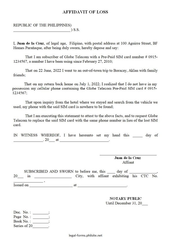 Affidavit Of Loss Free Sample Legal Form