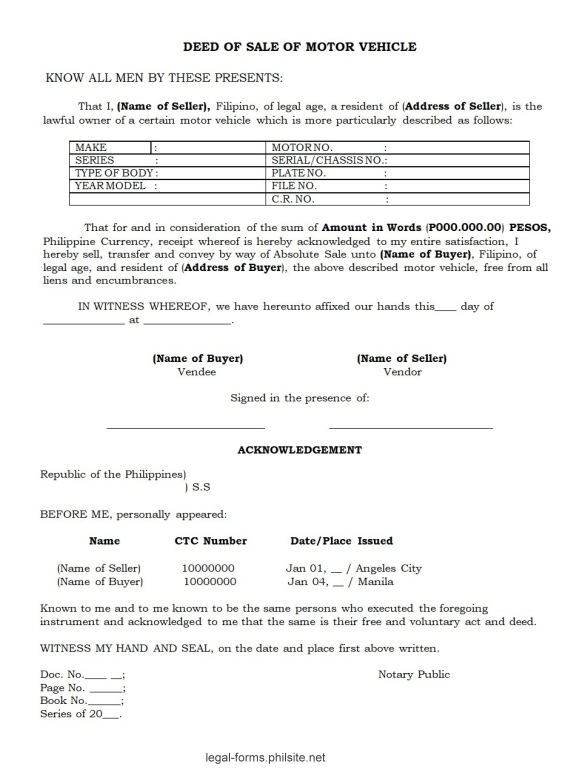 Deed Of Absolute Sale Of Motor Vehicle Template Philippines Templates